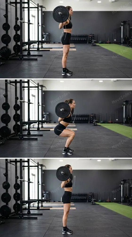 Barbell Back Squat, female athlete, 3 sequential frames