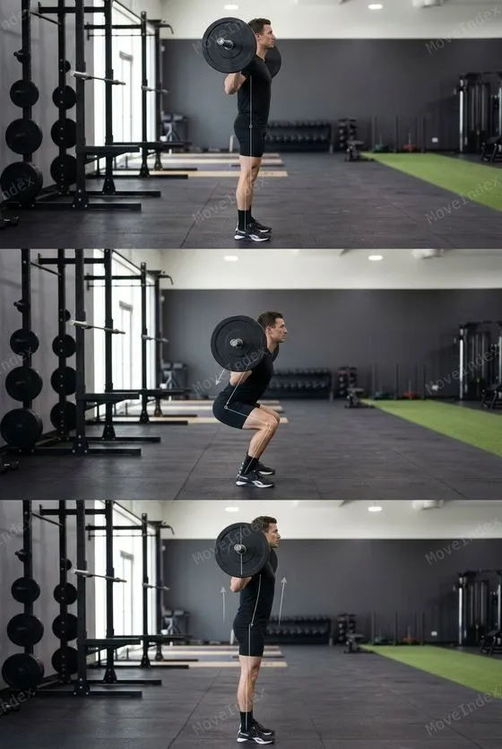 Barbell Back Squat, male athlete, 3 sequential frames