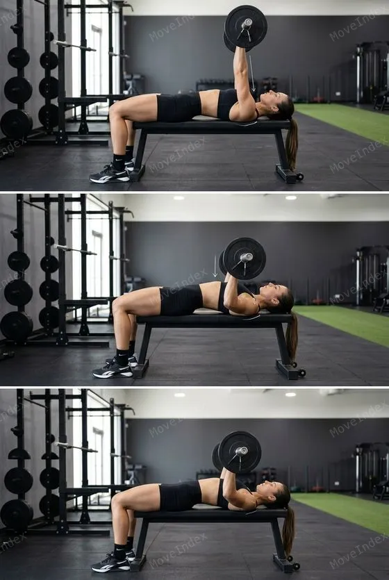 Barbell Bench Press, female athlete, 3 sequential frames