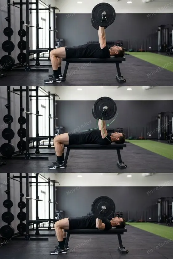 Barbell Bench Press, male athlete, 3 sequential frames