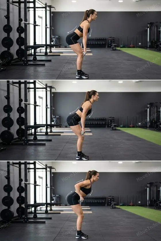 Barbell Bent-Over Row, female athlete, 3 sequential frames