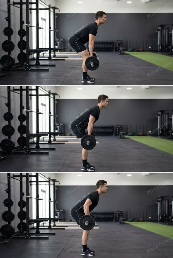 Barbell Bent-Over Row, male athlete, 3 sequential frames