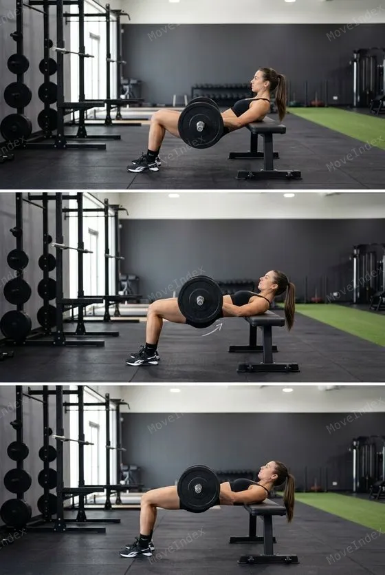 Barbell Hip Thrust, female athlete, 3 sequential frames