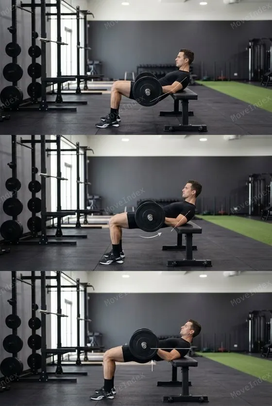 Barbell Hip Thrust, male athlete, 3 sequential frames