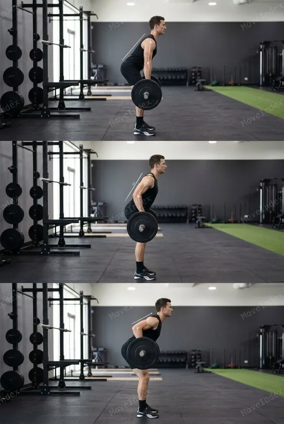 Barbell Row, male athlete, 3 sequential frames