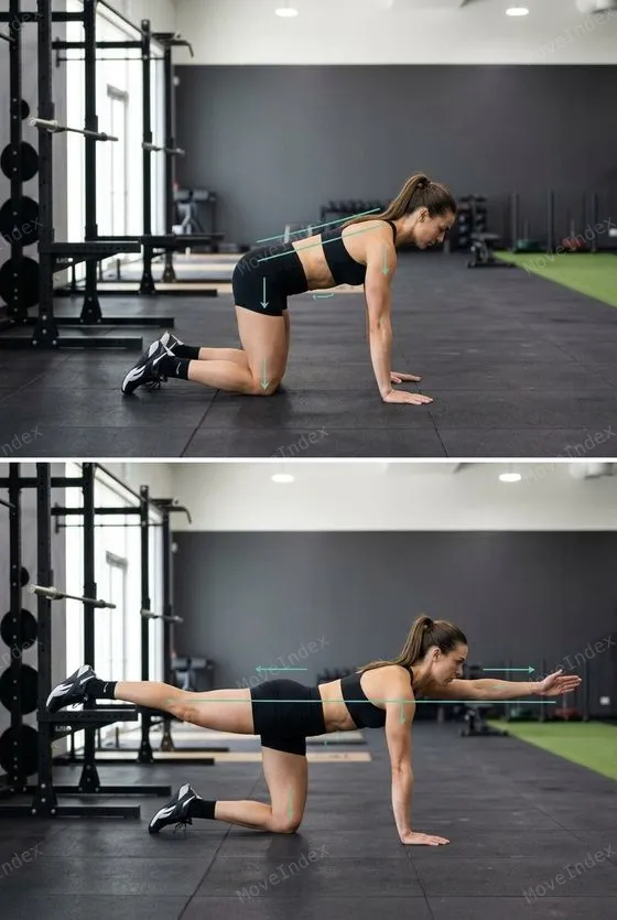 Bird Dog, female athlete, 2 sequential frames