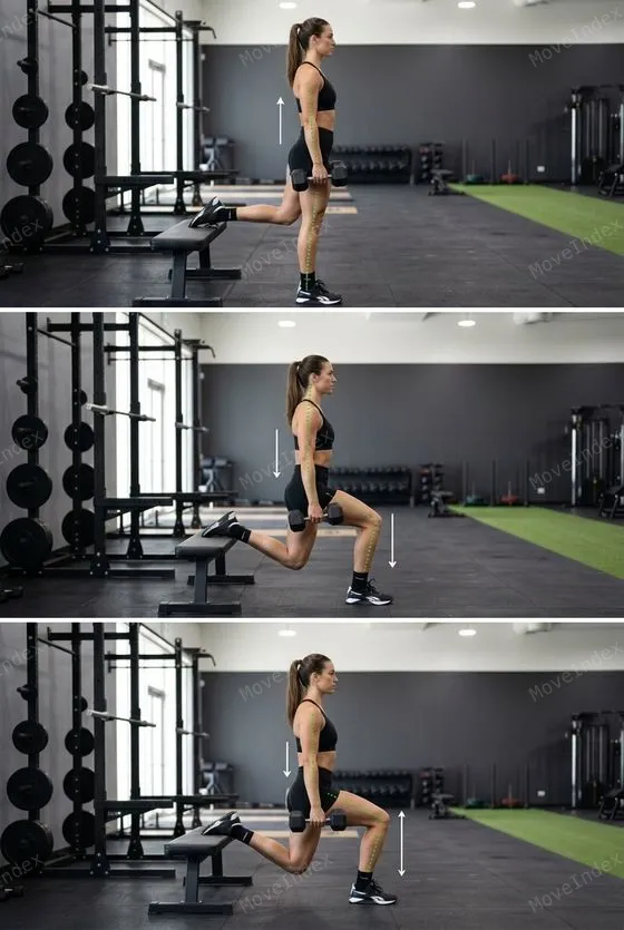 Bulgarian Split Squat (DB), female athlete, 3 sequential frames