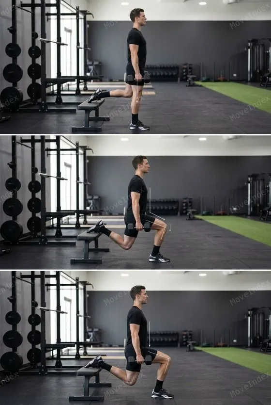 Bulgarian Split Squat (DB), male athlete, 3 sequential frames