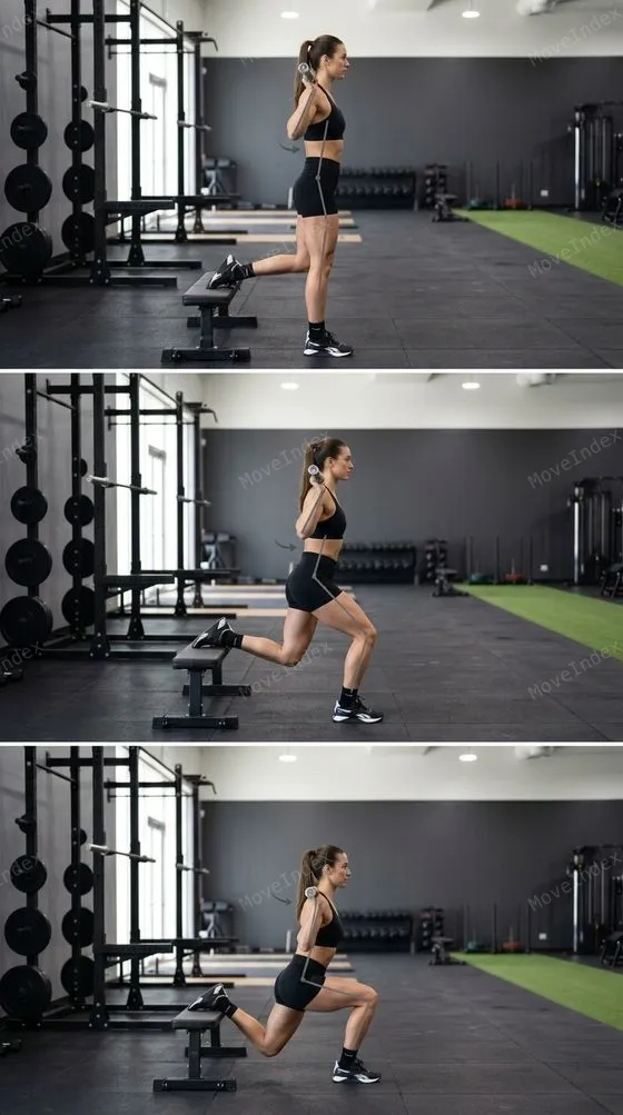 Bulgarian Split Squat, female athlete, 3 sequential frames
