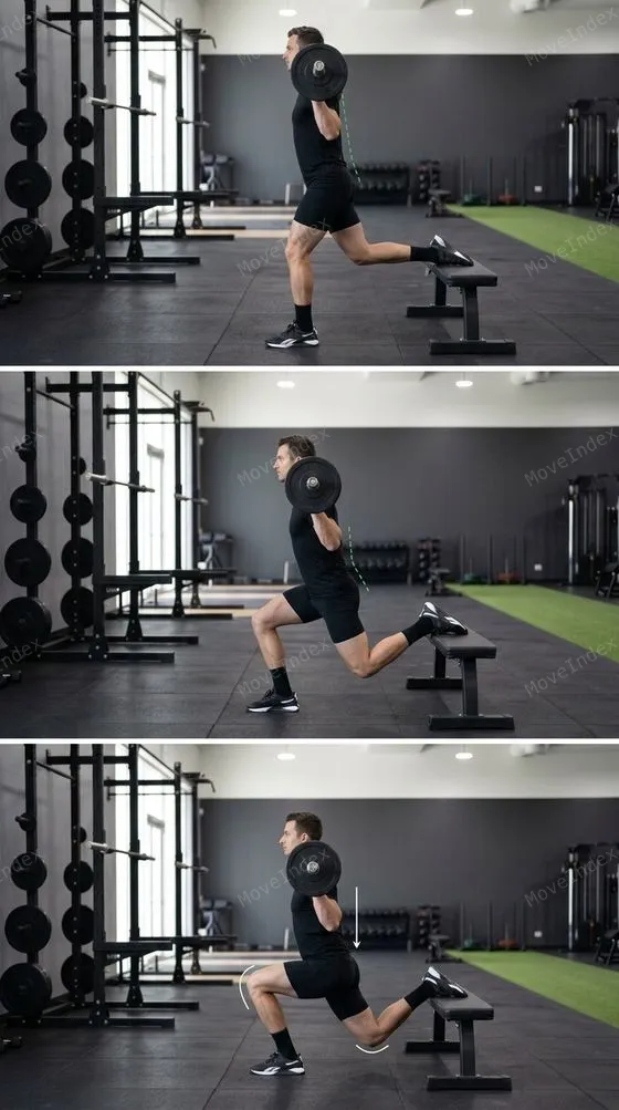 Bulgarian Split Squat, male athlete, 3 sequential frames