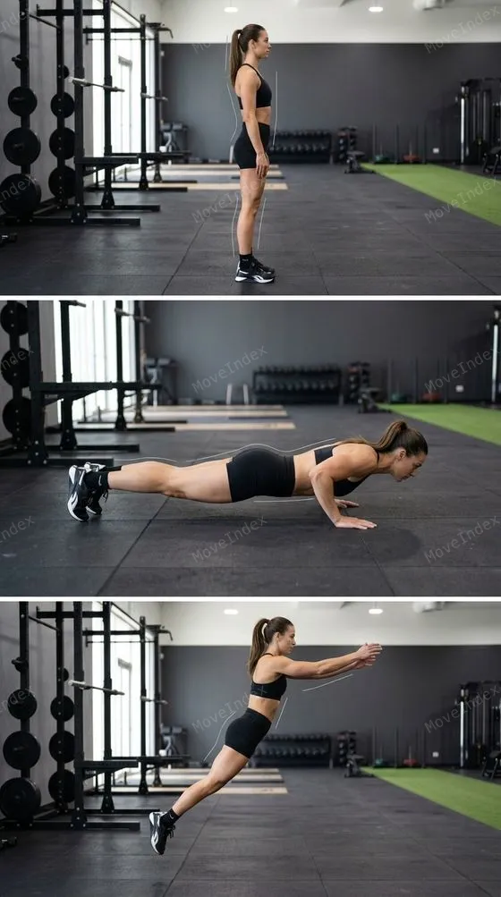 Burpee Broad Jump, female athlete, 3 sequential frames
