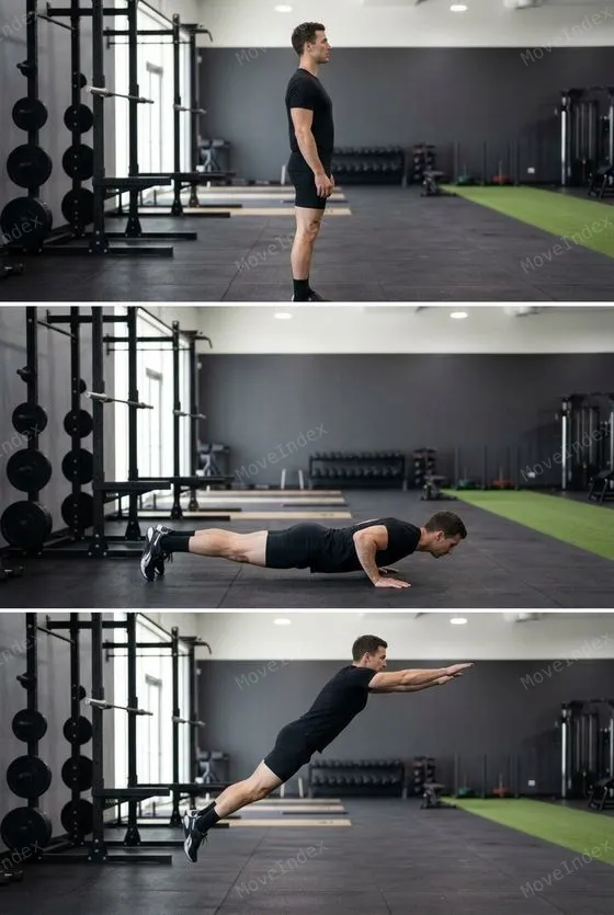 Burpee Broad Jump, male athlete, 3 sequential frames