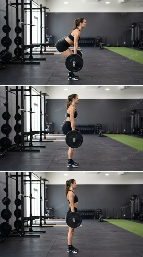 Conventional Deadlift, female athlete, 3 sequential frames