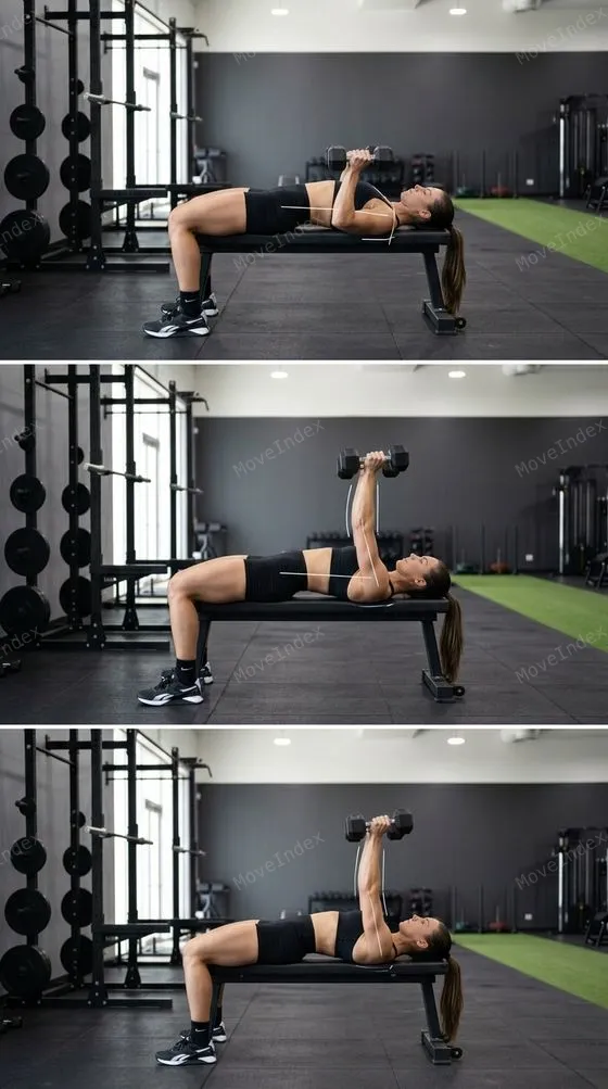 Dumbbell Bench Press, female athlete, 3 sequential frames