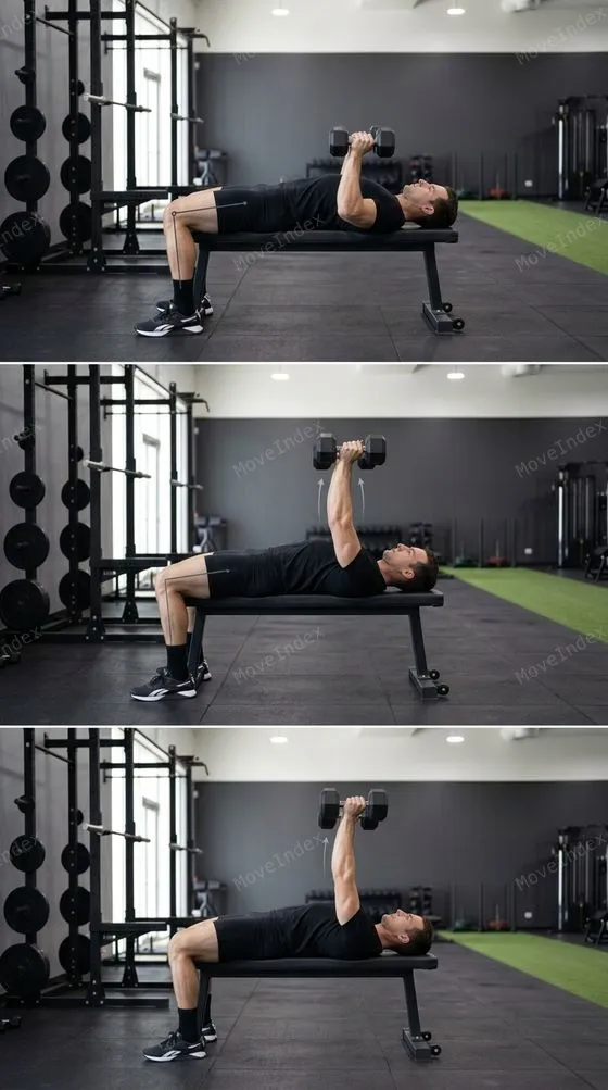 Dumbbell Bench Press, male athlete, 3 sequential frames
