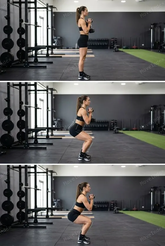 DB Goblet Squat, female athlete, 3 sequential frames