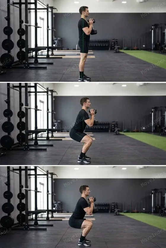 DB Goblet Squat, male athlete, 3 sequential frames