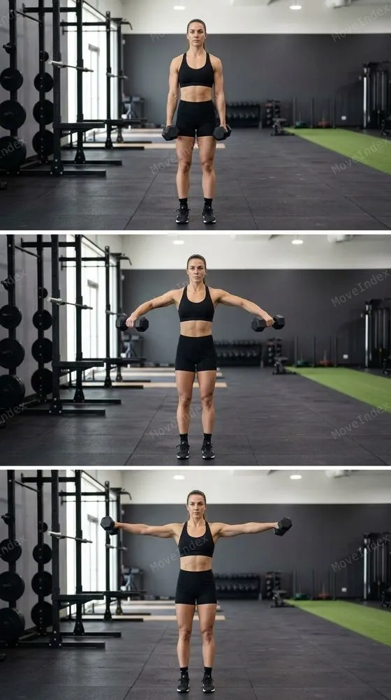 Dumbbell Lateral Raise, female athlete, 3 sequential frames
