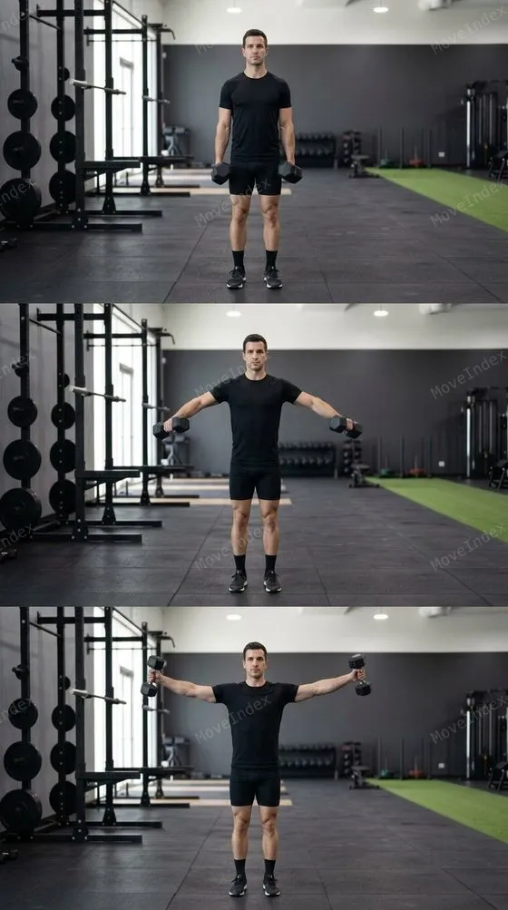 Dumbbell Lateral Raise, male athlete, 3 sequential frames