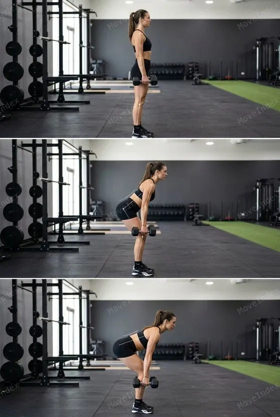 Dumbbell Romanian Deadlift, female athlete, 3 sequential frames