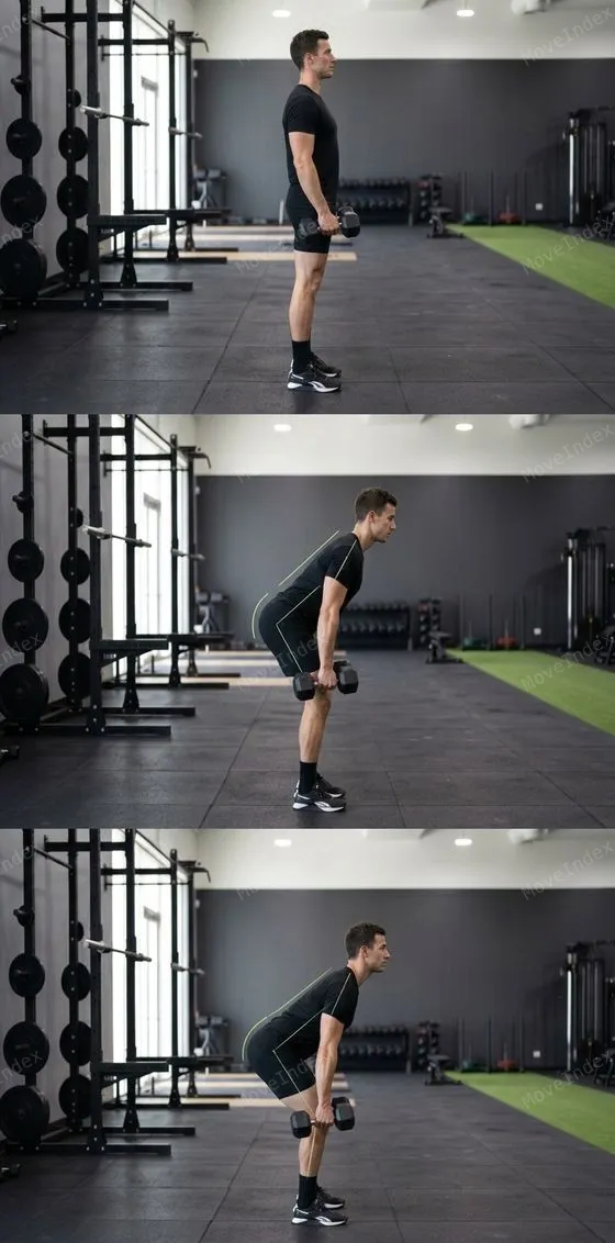 Dumbbell Romanian Deadlift, male athlete, 3 sequential frames