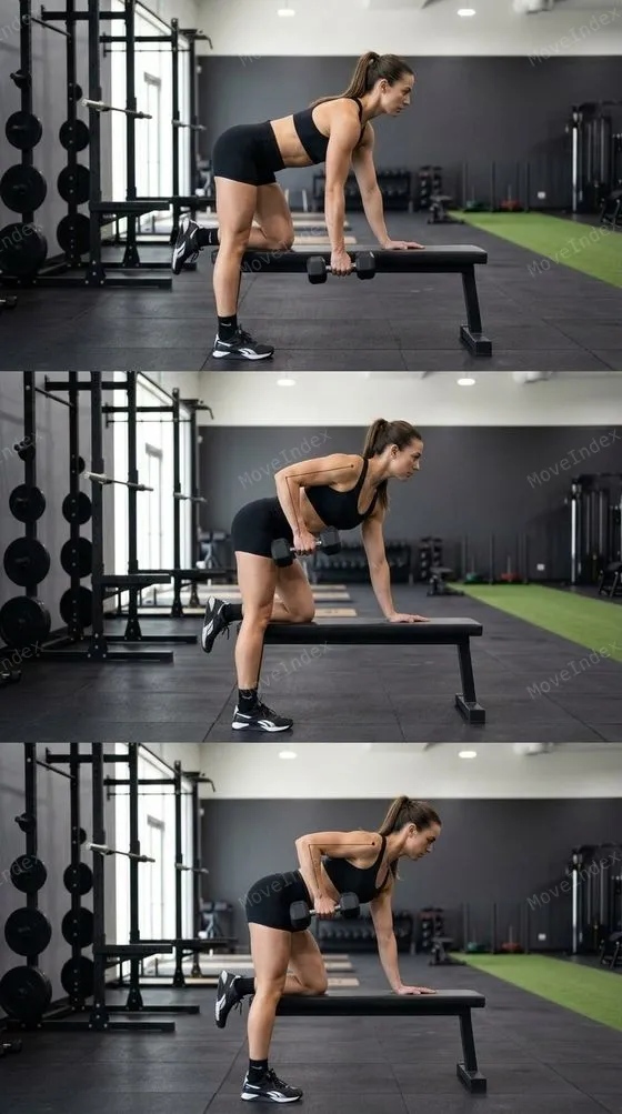 Dumbbell Row, female athlete, 3 sequential frames