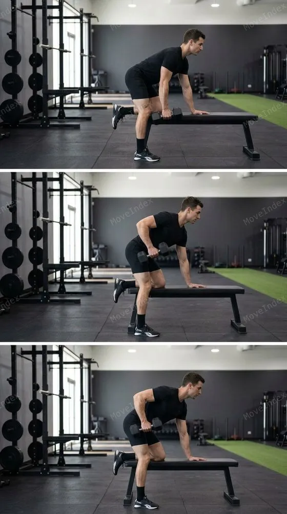 Dumbbell Row, male athlete, 3 sequential frames