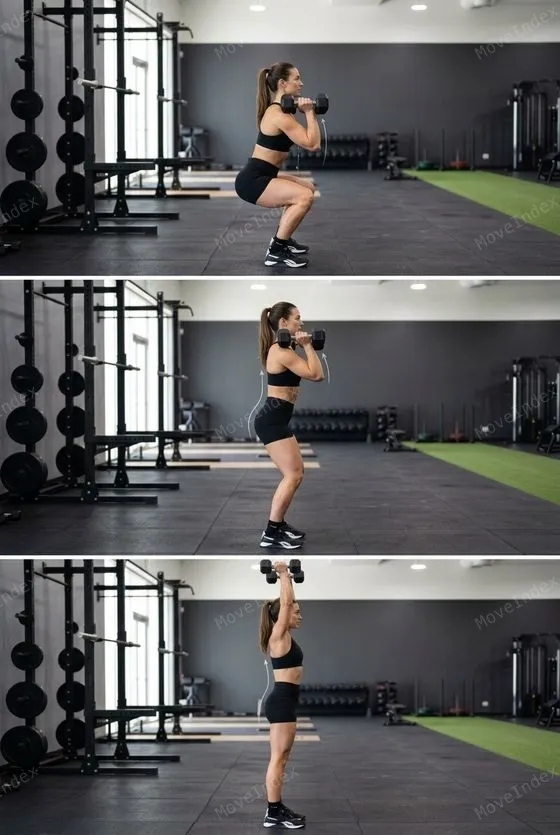 Dumbbell Thruster, female athlete, 3 sequential frames