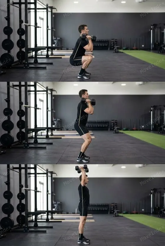 Dumbbell Thruster, male athlete, 3 sequential frames