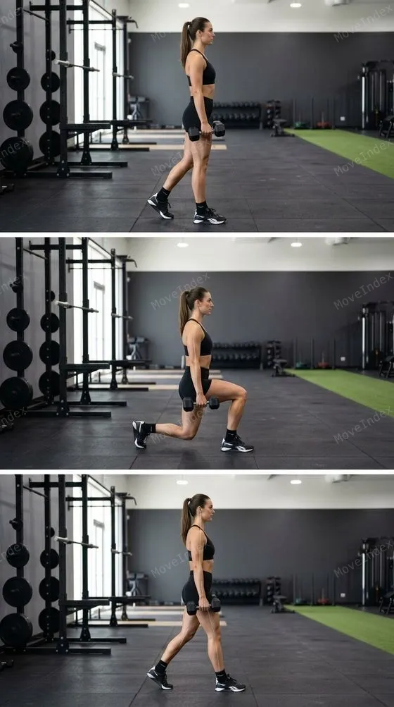 Dumbbell Walking Lunge, female athlete, 3 sequential frames