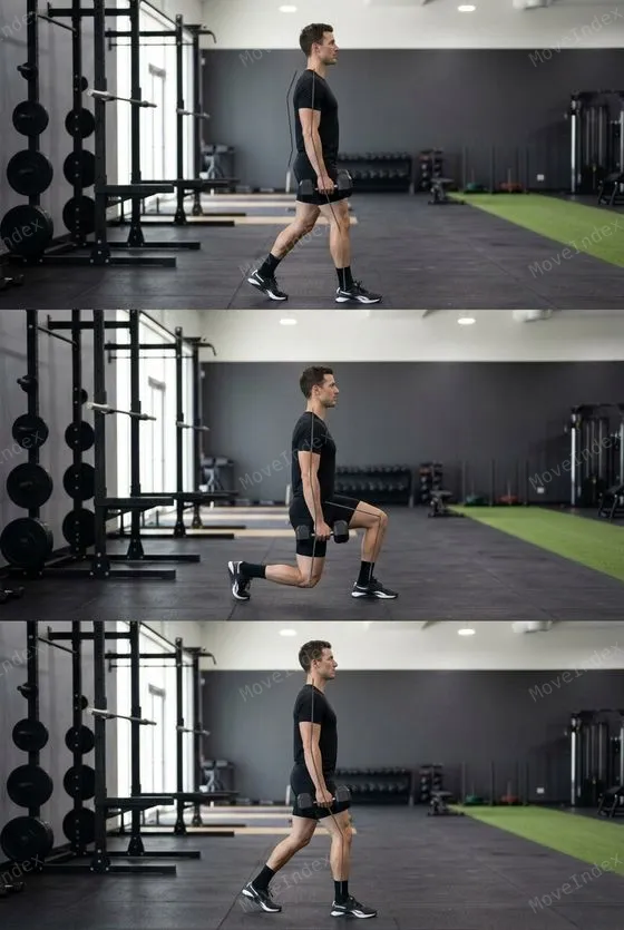 Dumbbell Walking Lunge, male athlete, 3 sequential frames
