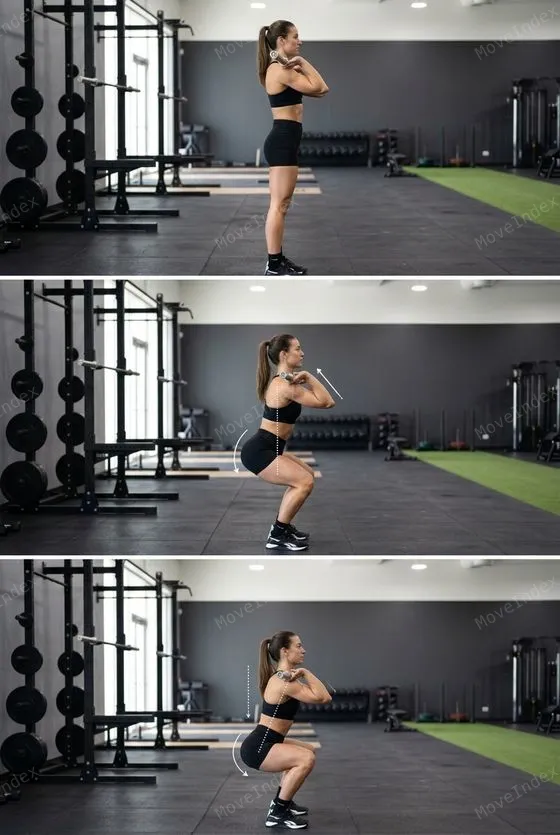 Front Squat, female athlete, 3 sequential frames