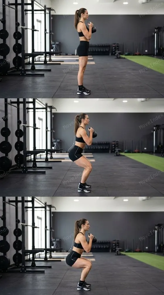 Goblet Squat, female athlete, 3 sequential frames