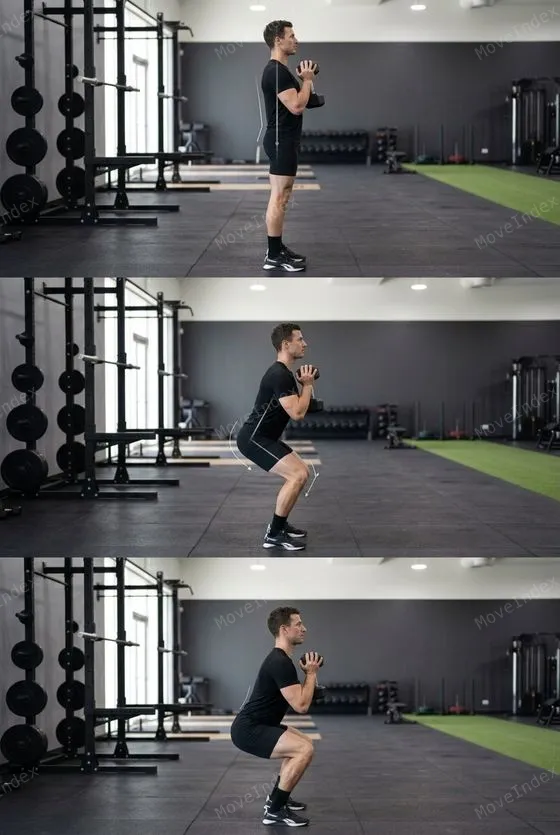 Goblet Squat, male athlete, 3 sequential frames