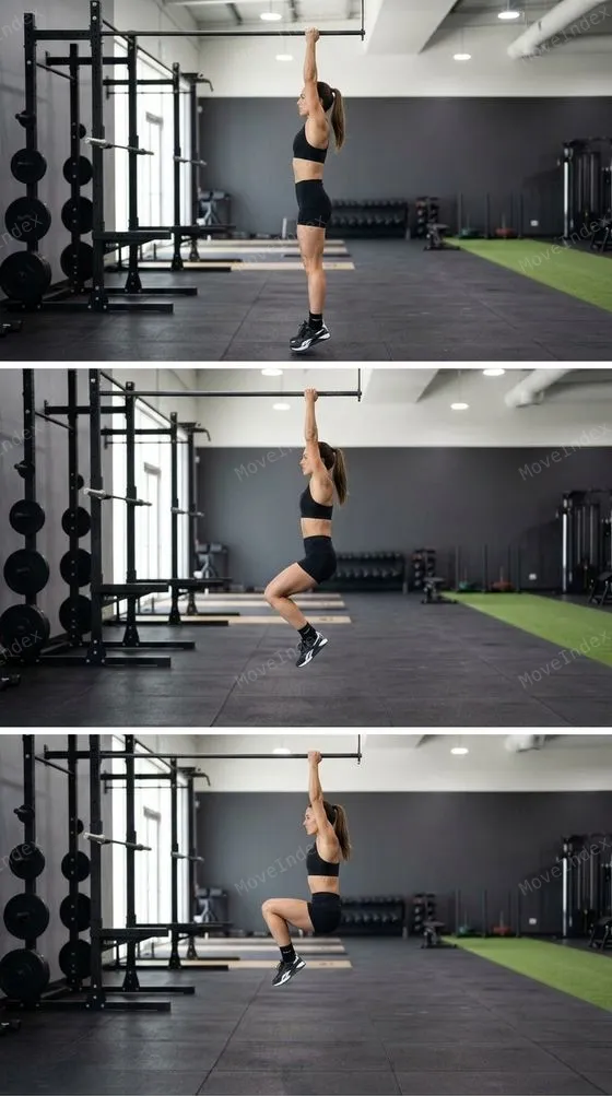Hanging Knee Raise, female athlete, 3 sequential frames