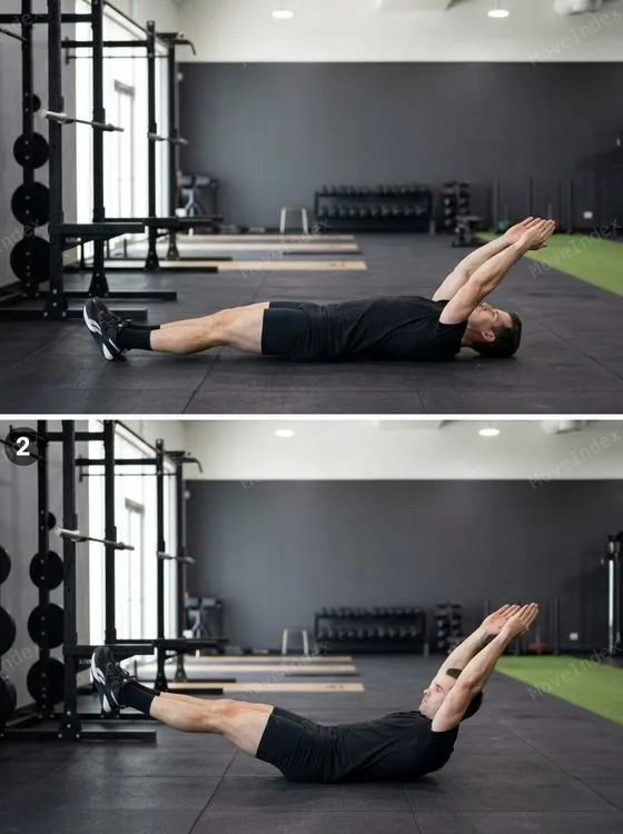 Hollow Body Hold, male athlete, 2 sequential frames