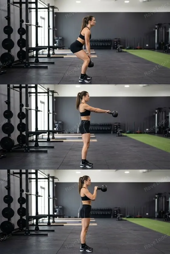Kettlebell Swing, female athlete, 3 sequential frames