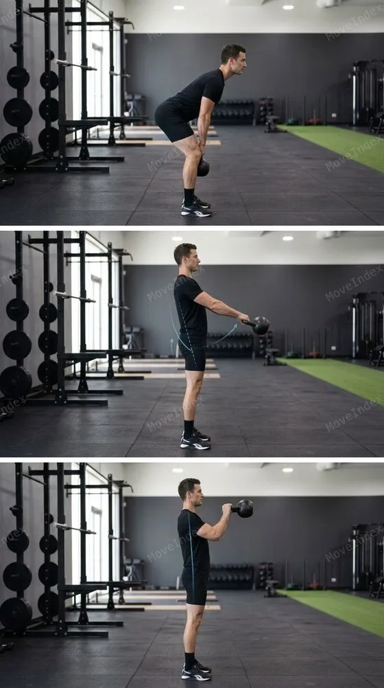 Kettlebell Swing, male athlete, 3 sequential frames