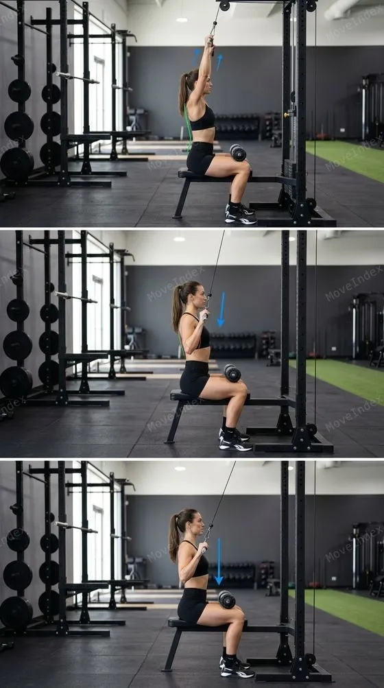 Lat Pulldown, female athlete, 3 sequential frames