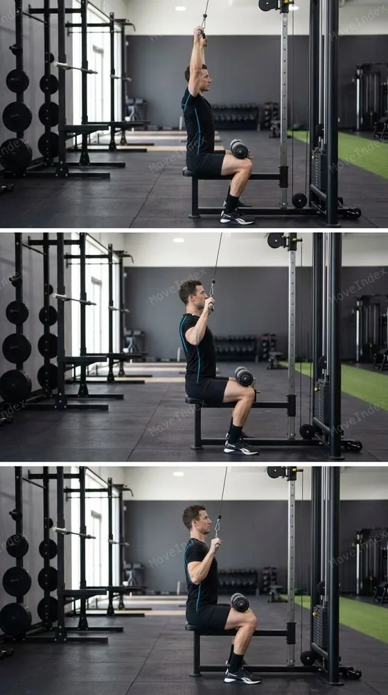 Lat Pulldown, male athlete, 3 sequential frames