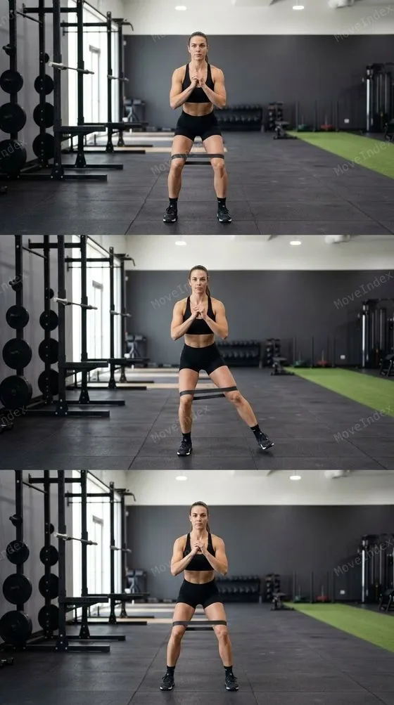 Lateral Band Walk, female athlete, 3 sequential frames