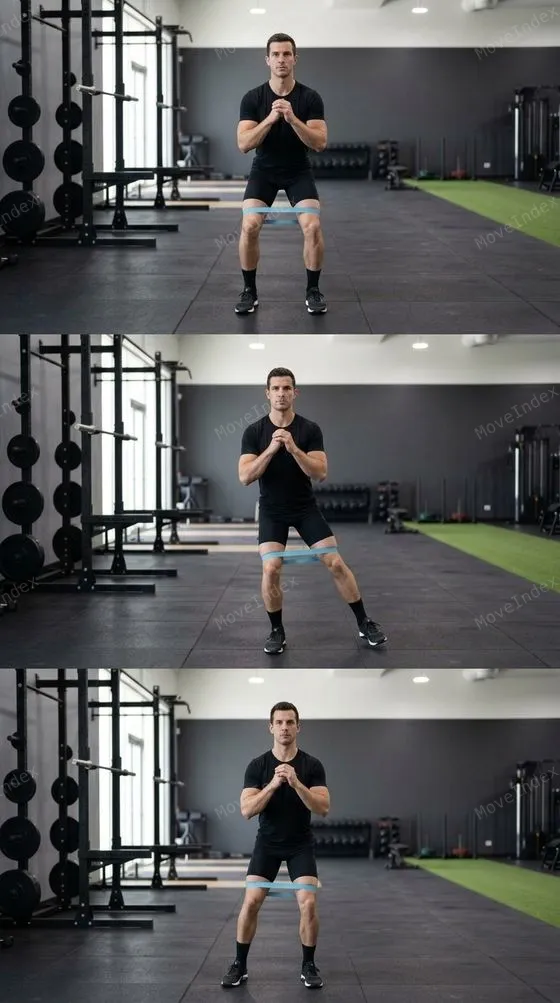 Lateral Band Walk, male athlete, 3 sequential frames