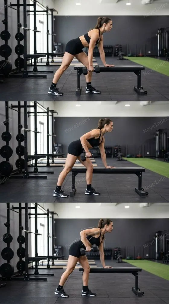 One-Arm Dumbbell Row, female athlete, 3 sequential frames