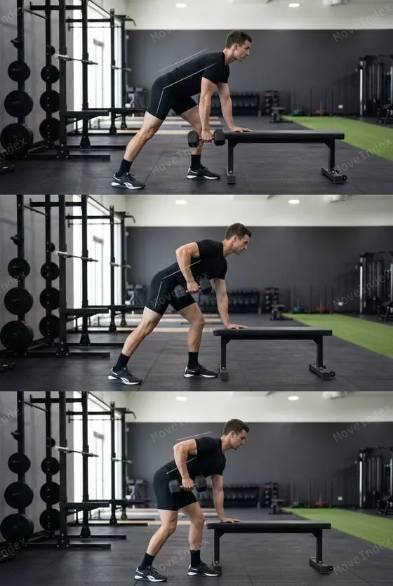 One-Arm Dumbbell Row, male athlete, 3 sequential frames
