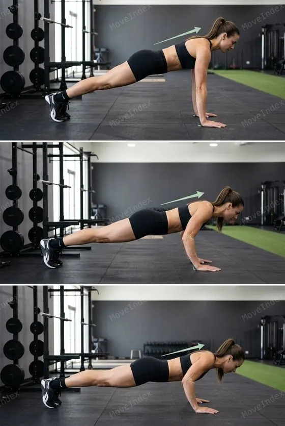 Push-Up, female athlete, 3 sequential frames