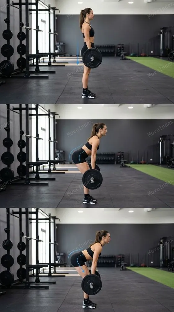 Romanian Deadlift, female athlete, 3 sequential frames