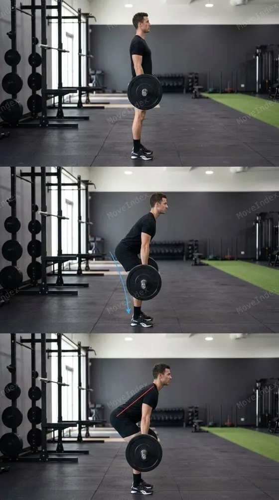 Romanian Deadlift, male athlete, 3 sequential frames
