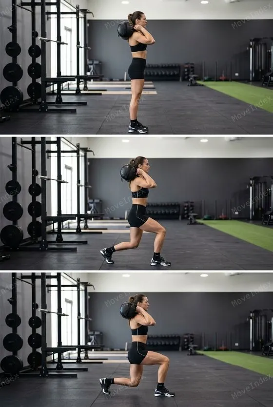 Sandbag Walking Lunges, female athlete, 3 sequential frames
