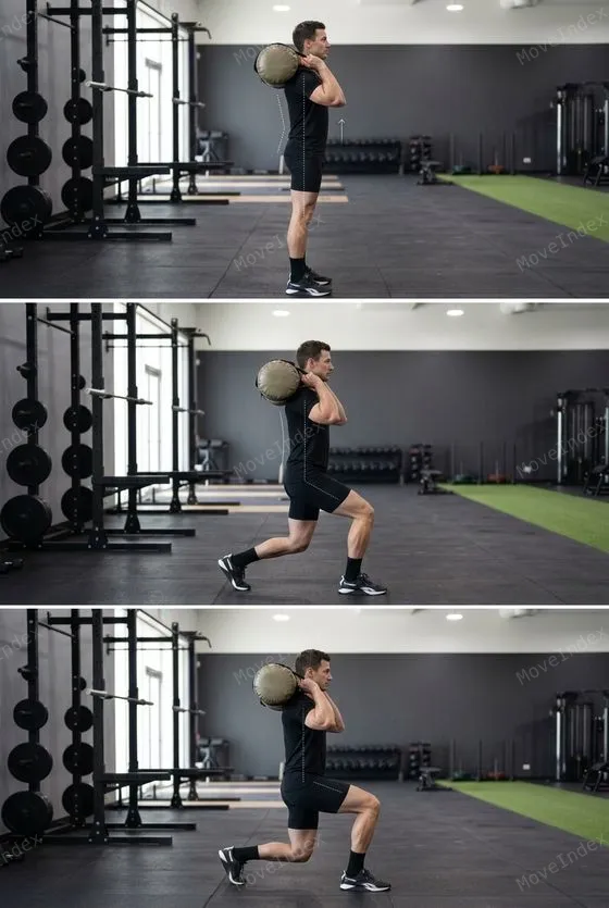 Sandbag Walking Lunges, male athlete, 3 sequential frames