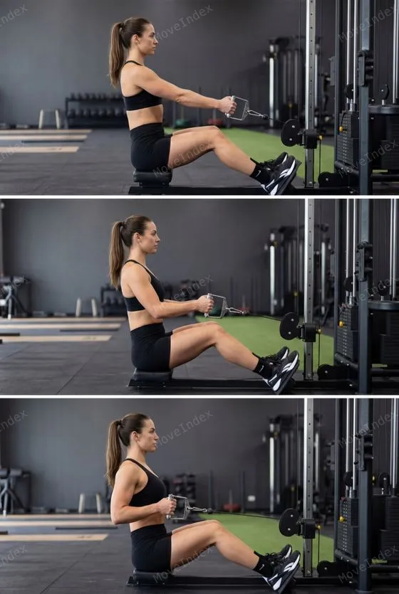 Seated Cable Row, female athlete, 3 sequential frames